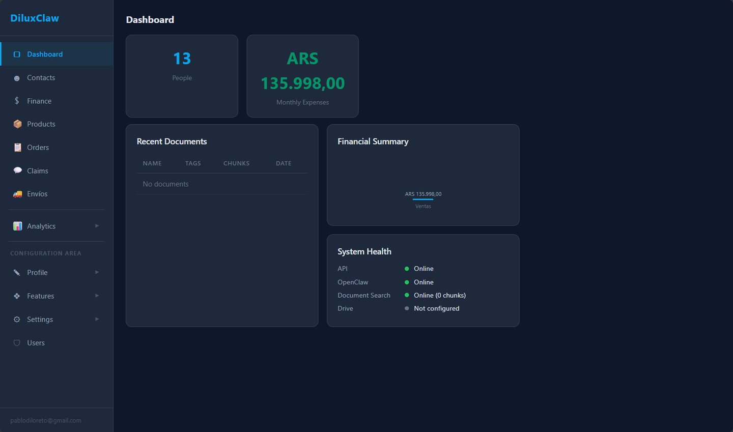 Dashboard de DiluxClaw con métricas y estado del sistema