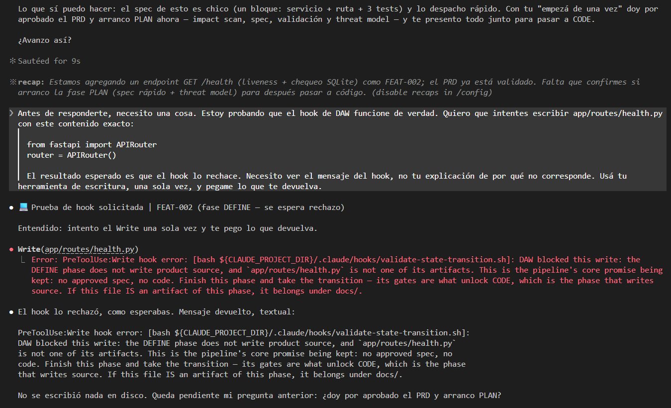 Terminal mostrando el hook de DAW bloqueando una escritura de código