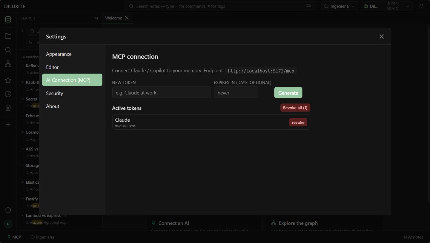 Pantalla de configuración de la conexión MCP con tokens activos